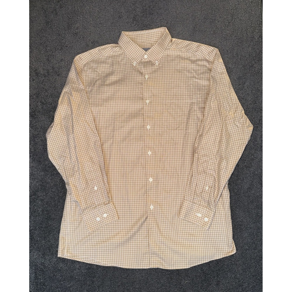 Talbots Mens Tan White Micro Check Cotton Button Down Shirt Large Wrinkle Resist